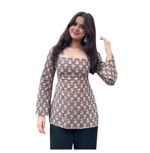 Kurti Corto Estampado de Rayón para Mujer |   Cuello Cuadrado |   Diseño de Manga Larga |   Blusa Casual y de Oficina |   Cómodo - Product Image 1