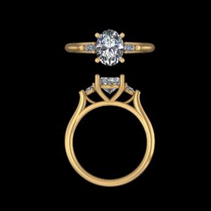 Anillo de Compromiso con Diamante de Corte Oval en Oro Amarillo de 18k con Piedras Laterales en Forma de Pera y Banda de Catedral Clásica Pulida - Product Image 1