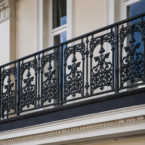 Classic Black Wrought Iron Balcony <b>Railing</b> with Arched Floral Panels for Villa Exterior Window Terrace Guardrail - Product Image 3