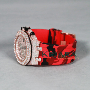 Montre chronographe en or rose de qualité supérieure pour femme, analogique, à quartz, avec date, bracelet en silicone camouflage rouge, mode de luxe - Product Image 2