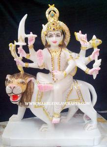 Hermosa Estatua de Durga Maa Tallada a Mano en Mármol Blanco con Mano de Bendición en Posición Sentada sobre un Lomo, para Hogar y Templo - Product Image 4