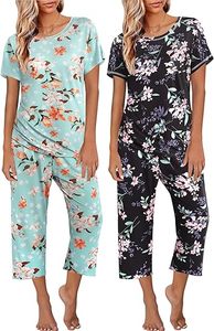 2 Pack Womens Pajamas Sets Short Sleeve Tops and Capri Pants <b>Pjs</b> Colorful Printed Sleepwear Sets - Product Image 2