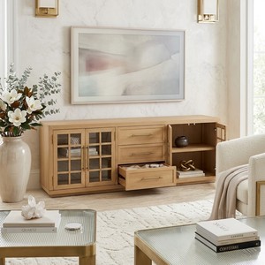 Modern Solid Oak Frame TV <b>Cabinet</b> with Arched Glass Doors and Three Drawer <b>Storage</b> for Contemporary Living <b>Rooms</b> - Product Image 2