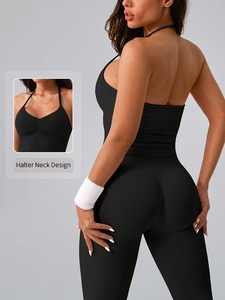 Ensemble de sport 2 pièces pour femme : débardeur de sport long à col en V et leggings micro-côtelés longueur cheville à effet ventre plat – Tenue d'entraînement - Product Image 5