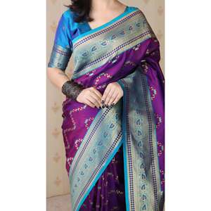 Sari en soie douce violette Elite Weaves Banarasi ZigZag Meenakari Zari tissé avec chemisier et chemise pour femme - Product Image 3