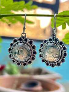 Boucles d'oreilles pendantes en argent sterling avec agate mousse, pierre précieuse ronde, faites à la main, bijoux de fête, mode féminine, joaillerie fine - Product Image 4