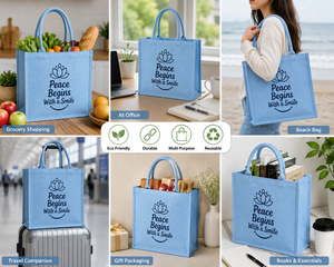 La Paz Comienza con una Sonrisa, Bolsa de Compras de Yute con Estampado de Loto, Tamaño Mediano, Asa Azul, Bolso Tote para Uso Diario - Product Image 4