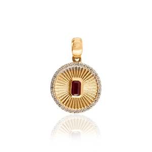 18K Solid Gold <b>Ruby</b> Halo Diamond Striped Medallion Coin Pendant - Product Image 3