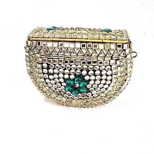 Indian Unique Bridal Ethnic Golden Handmade Kundan Stone Mosaic <b>Clutch</b> <b>Purse</b> with Feng Shui Design - Product Image 5