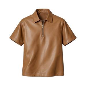 Chemise décontractée à manches courtes pour homme en cuir marron respirant avec fermeture éclair, col rabattu, style hiver, impression personnalisée - Product Image 3