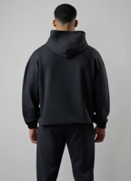 Survêtement noir surdimensionné avec logo personnalisé, services OEM et ODM, pantalon en tissu épais 100% coton, ensemble 2 pièces pour homme avec sweat à capuche
