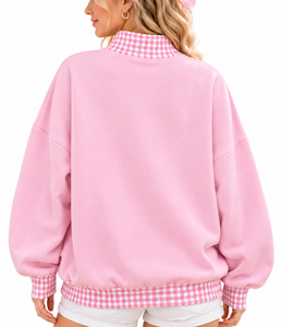 Custom Women’s <b>Mock</b> Neck Sweatshirt Gingham Letter Ribbed Cotton Fleece Oversized Breathable Winter Pullover - Product Image 3