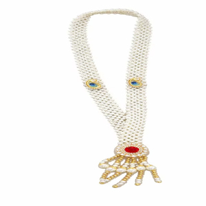 Collar Mala de Perlas Tradicionales Chapado en Oro Hecho a Mano con Colgante de Piedra Roja Engastada en Bisel para Fiestas y Bodas, Estilo Hindú - Product Image 5