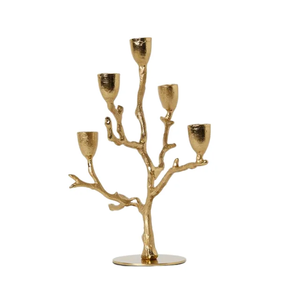 Candélabre en forme de branche d'arbre dorée avec cinq porte-bougies, fait main, écologique, résistant à la chaleur, décoration artistique, finition métallique sur pied - Product Image 4