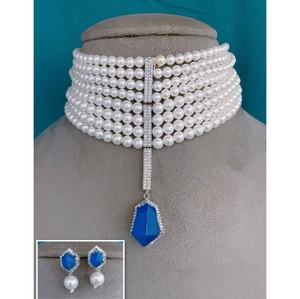 Ensemble collier ras-du-cou et boucles d'oreilles en perles argentées polies, finition de précision, collection de mariage et de fête pour femme - Product Image 2