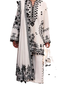 Vêtements de détente pour femmes ensembles coordonnés sur toute la longueur avec des manches mousseline de coton indien pakistanais ensembles modestes ivoire salwar kameez - Product Image 3