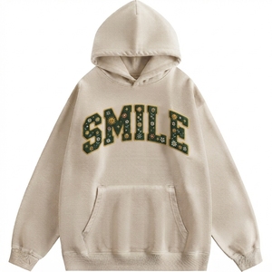 Sweat à capuche pour femme en coton tricoté, décontracté, avec broderie motif sourire et lettres imprimées, logo frontal, coupe classique, pour l'automne - Product Image 1