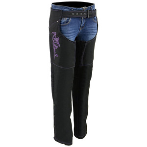 Women's Motorcycle <b>Riding</b> <b>Chaps</b> Samroz Sports SP-500-01 Sleeveless High Quality Purple Embroidery Black Leather Customizable - Product Image 4