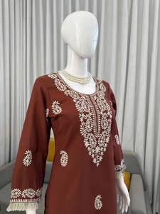 Kurta de Rayón Bordado Marrón para Mujer, Vestido Pakistaní Indio de Manga Larga, Ropa Casual para Fiestas - Product Image 1