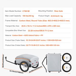 Chariot de vélo robuste, capacité de charge de 88/100/160 lb, pliable, rangement compact, remorque de transport pour vélo, remorques utilitaires - Product Image 5