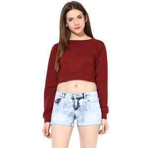 Women's <b>Maroon</b> Cropped Long Sleeve Sweatshirt O-Neck Solid Color Casual Wear 100% Cotton Knitted Breathable Summer <b>Top</b> - Product Image 2