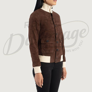 Women Dark Brown Genuine <b>Suede</b> Leather Bomber <b>Jacket</b> Cream Ribbed Trim Slim Fit Premium Goat <b>Suede</b> Casual Winter Outerwear Fashi - Product Image 5