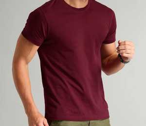 T-shirt décontracté pour homme en coton 100% à manches courtes, col en U, coupe ajustée, couleur bordeaux unie, tricoté - Product Image 4