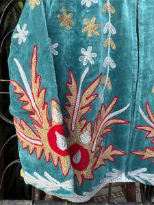 Premium Turquoise <b>Velvet</b> Embroidered Suzani <b>Jacket</b> With Floral Pattern Full Sleeve Stand Collar Handmade Bohemian Winter Coat - Product Image 5