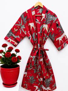 Bata de Baño de Lujo para Mujer, con Estampado Floral, Tejida, Cuello en V, con Cordón Ajustable, Manga 3/4, Largo hasta el Tobillo, 100% Algodón, Transpirable, Informal, para Verano - Product Image 4