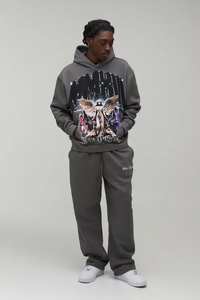 Men's Gray Hooded Tracksuit With Angel Print Full Length Streetwear Sweatshirt And Pants Set Loose Fit Midweight Cotton Autumn - Product Image 4