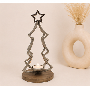 Handmade Metal Wire Christmas Tree Candle Holder With Rustic Mango Wood Base Elegant Silver Finish Tealight <b>Stand</b> For Home Table - Product Image 2