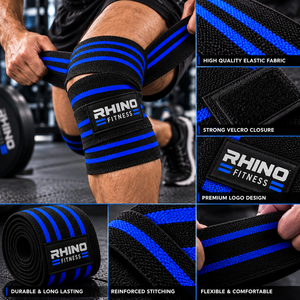 Rhino Fitness Adjustable Breathable <b>Nylon</b> Knee Wraps with Swelling Prevention Black Blue <b>Hook</b> Loop Stabilizer Support - Product Image 4