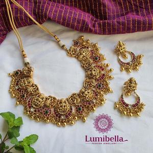 Laxmi Nakshi Gold Plated <b>Ruby</b> Bridal <b>Necklace</b> and Earring Set - Product Image 1