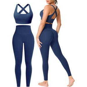 Ensemble de leggings de yoga taille haute couleur unie avec soutien-gorge de sport à bretelles croisées, sans couture, longueur intégrale, en Spandex et Polyester, 2 pièces - Product Image 5