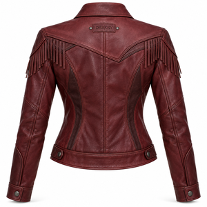 <b>Womens</b> Burgundy Fringe Real Leather <b>Jacket</b> Western Style Cropped <b>Tassel</b> Snap Coat Factory Odm - Product Image 2
