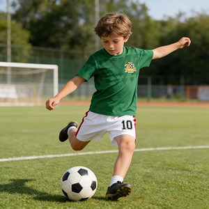 Custom Kids Soccer Uniform Set - Green Graphic Jersey & White Shorts with <b>Red</b> Stripes - Product Image 4