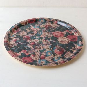 Plateau de service rond en métal émaillé, motif floral artisanal, décoratif, style vintage, rose, plateau de table basse, décoration de luxe pour la maison - Product Image 1