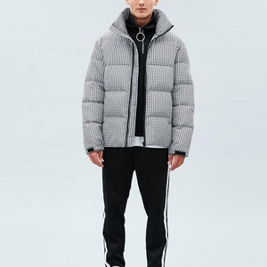 Men's <b>Checkered</b> Puffer <b>Jacket</b> Stand Collar Zipper Closure Windproof Winter Casual Thick Polyester Wadding Regular Fit - Product Image 4