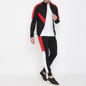 Ensemble de survêtement pour homme noir, rouge et blanc, à blocs de couleur, manches longues, fermeture éclair sur le devant, coupe sportive avec poches latérales, idéal pour l'automne - Product Image 4