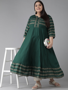 Kurti Anarkali Verde de Rayón con Estampado Floral, Talla Grande, Cuello Redondo, Manga Tres Cuartos, Vestido Étnico Informal Festivo para Mujer, Venta al Por Mayor - Product Image 4