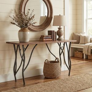 Rustic Modern Handmade Iron <b>Study</b> Table with Solid Wood Top Artistic Branch Metal Base Writing <b>Desk</b> Home Office Furniture - Product Image 1