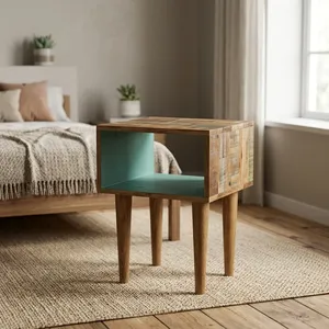 Mesa de Noche Rústica de Madera con Estante Abierto y Patas Altas Cónicas para Dormitorio - Product Image 4
