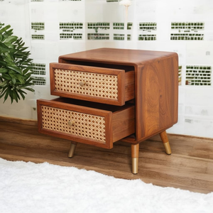Modern Rattan Nightstand 2 Drawer <b>Side</b> <b>Table</b> Wooden Bedside Cabinet Accent <b>Storage</b> for Bedroom Living Room - Product Image 3