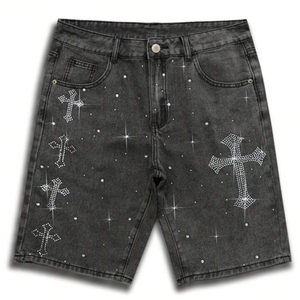 Pantalones Cortos de Mezclilla para Hombre, Estilo Vintage, con Cierre, Dobladillo sin Rematar, Tela de Algodón, con Pedrería - Product Image 1