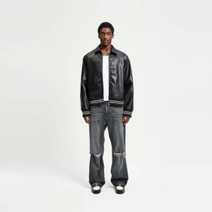 Blouson bomber en cuir PU noir pour homme, col montant, fermeture éclair, coupe décontractée, couleur unie, vêtements d'hiver, streetwear - Product Image 3