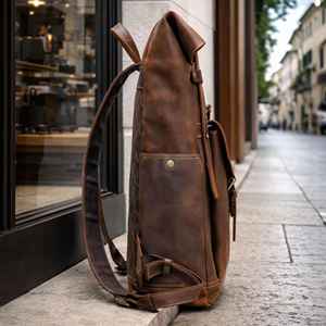 Genuine Leather Roll Top <b>Backpack</b> for Men Fashion Laptop Rucksack Cowhide Travel Daypack Vegetable Tanned LTBP-0067 - Product Image 2
