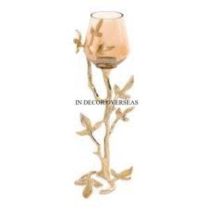 Golden Brass Candle Stand With Leaves Design And Glass Pink <b>Top</b> For Home Decoration Table Centerpiece Luxury Candle Holder - Product Image 1