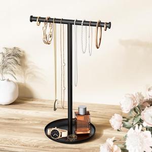 Modern T Bar Jewelry <b>Stand</b> With Wide Hanging Space <b>Necklace</b> Bracelet <b>Holder</b> Deep Tray Base Elegant Space Saving Vanity Display - Product Image 1