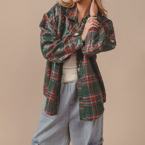 Camisa a Cuadros Vintage de Otoño para Mujer, con Botones, Manga Larga, Bolsillo en el Pecho, Estilo Casual Retro, de Poliéster y Algodón, Personalizable OEM - Product Image 5