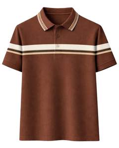 Polo a Rayas Marrón para Hombre, Mezcla de Algodón, Informal, Manga Corta, Top de Verano con Rayas en Contraste en el Pecho, Diseño Clásico - Product Image 1